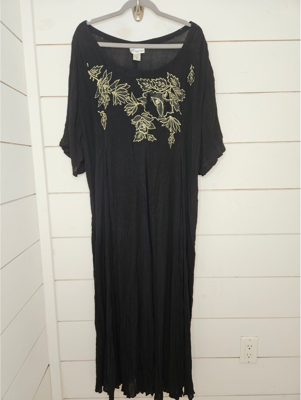 Paradise Plus 2X black crinkled fabric with gold embroidery at chest maxi dress